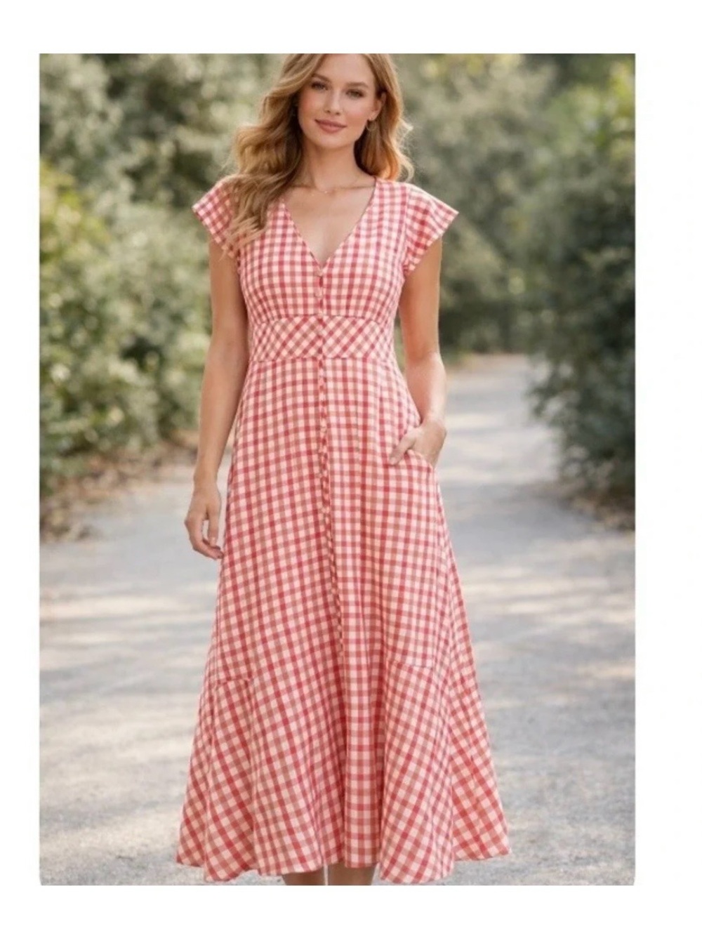 LOFT Gingham Button Down V-Neck Midi Dress NWT